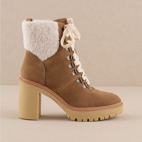 Heeled Platform Lace Up Sherpa Boots - Oasis Society - Picture 2 of 5